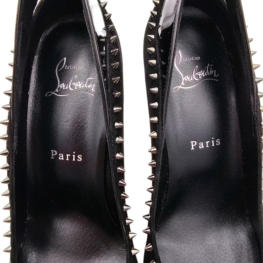 Christian Louboutin Duvette Spikes 85 Heel Pump Black Suede Patent Size 38 US 8 - Picture 11 of 14